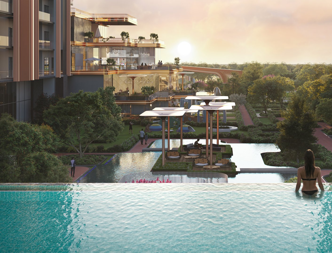 Resort-style landscape gardens water body luxury residential complex Delhi NCR Studio Symbiosis