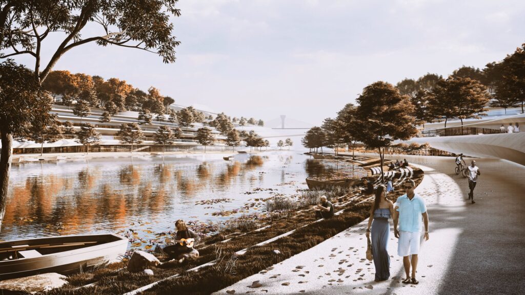 Pedestrians enjoying the lakeside canal promenade at Durgam Cheruvu, Studio Symbiosis masterplan, Hyderabad