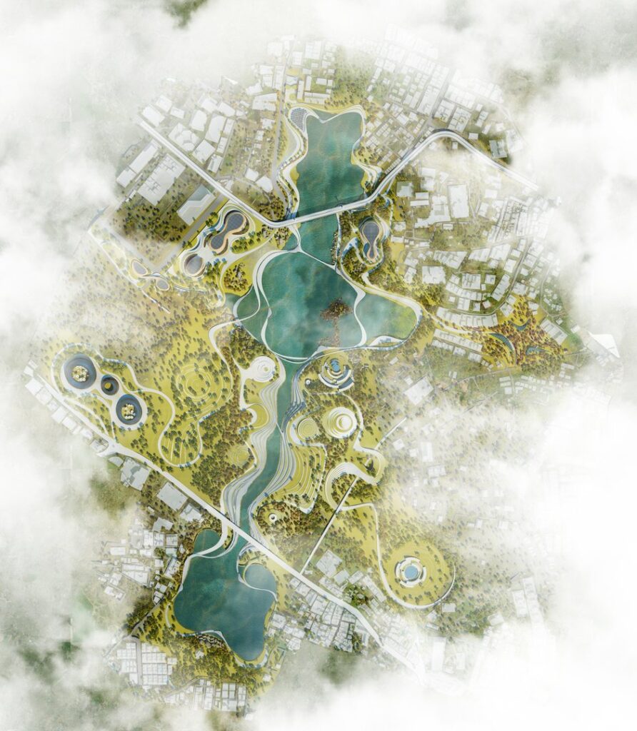 Top view aerial of the Durgam Cheruvu 352-acre urban oasis masterplan by Studio Symbiosis, Hyderabad