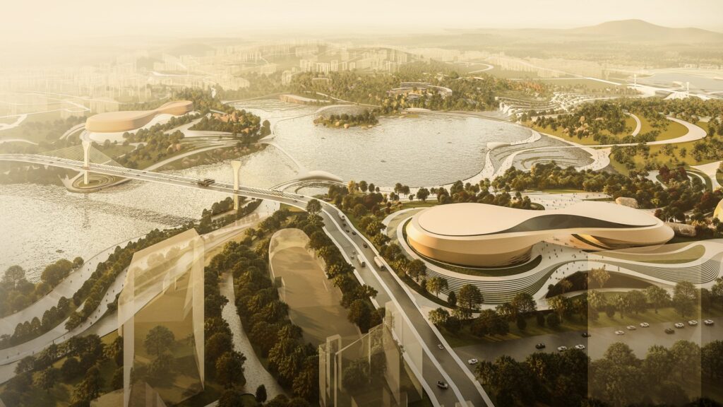 Aerial view of signature cultural buildings forming the new civic skyline at Durgam Cheruvu, Hyderabad